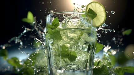 Close-up of splash of Mojito cocktail on a modern background with hard shadows, sunlight, summer concept. Generative Ai content