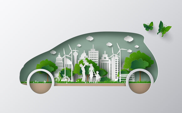 concept of eco car with family and nature in the city.paper art and craft style.