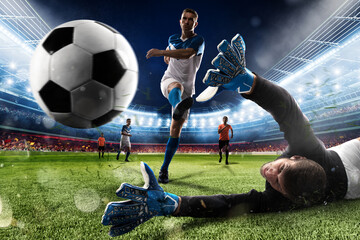 Obraz na płótnie Canvas Goalkeeper kicks the ball in the stadium during a football game