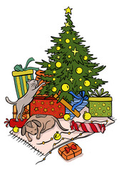 Pets and Christmas tree illustration. A cat playing near the Christmas tree. Cute little dog fell asleep under the tree among the presents. The atmosphere of the holiday and coziness. 