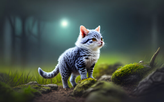 Pretty little cute fantasy cat blurred magical jungle background