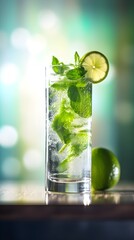 Mojito cocktail on modern colorful background with hard shadows, sunlight, summer concept. Close-up. Generative Ai content