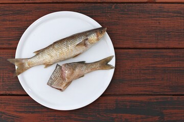 Fisikh, salted fish Borai, Buri, a type of mullet fish, traditional dish of Egypt, top view, free space, background