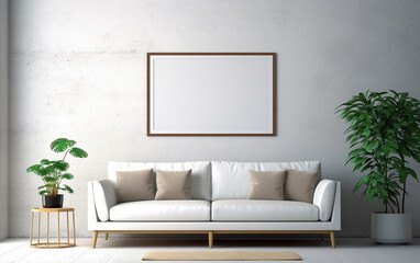 A white picture frame was suspended above the sofa.   Generative AI