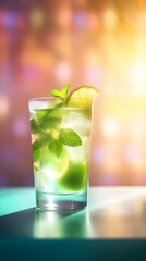 Mojito cocktail on modern colorful background with hard shadows, sunlight, summer concept. Close-up. Generative Ai content