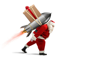 Santa Claus with Christmas gift box ready to fly with a rocket in the sky