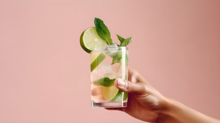 A beautiful hand holding Mojito cocktail on modern pink pastel background with hard shadows, sunlight, summer concept. Close-up. Generative Ai content