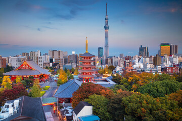 Cityscape image of Tokyo skyline with Sensoji temple during twilight in Japan.