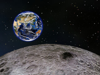 View of Earth's eastern hemisphere from above the Moon's surface, with stars in the background.