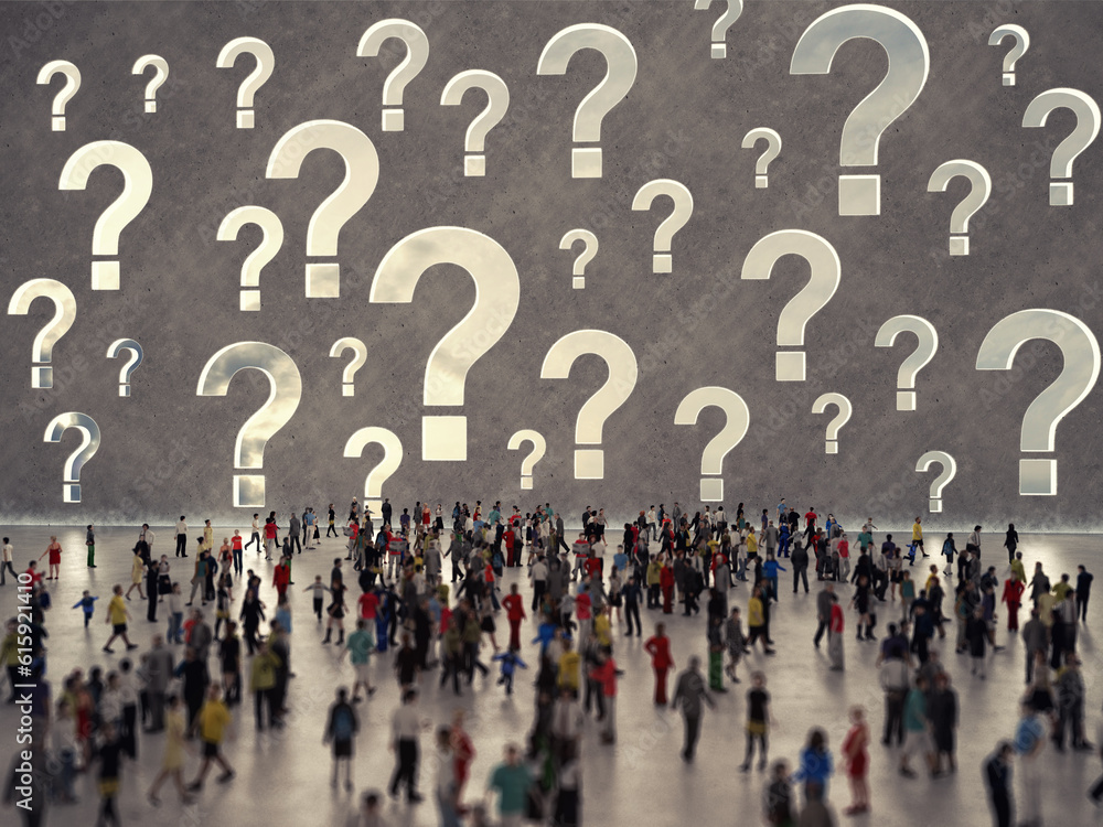 Poster confused people seek answers to their questions. 3d rendering