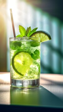 Mojito cocktail on modern colorful background with hard shadows, sunlight, summer concept. Close-up. Generative Ai content