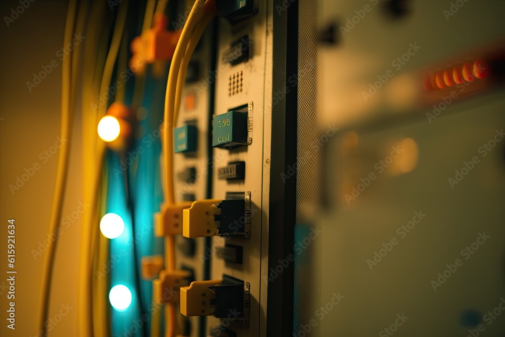 Poster close up of a high-tech control panel with intricate wiring. generative ai