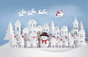 Merry Christmas and Happy New Year. Illustration of Santa Claus on the sky coming to City with happy family dance around snowman,paper art and craft style.