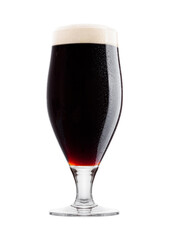 Cold glass of dark beer with foam and dew on white background with reflection