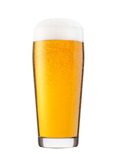 Cold glass of lager beer with foam and dew isolated on white background