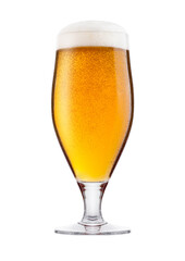 Cold glass of lager beer with foam and dew isolated on white background