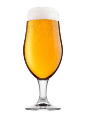 Cold glass of lager beer with foam and dew isolated on white background
