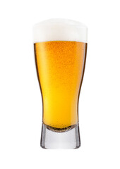 Cold glass of lager beer with foam and dew isolated on white background