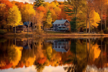 beautiful house by the lake in the forest, autumn landscape
