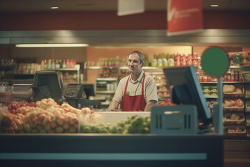 supermarket cashier at checkout.