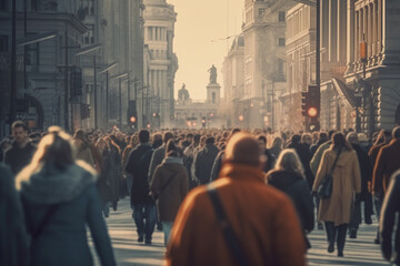 Obraz premium Anonymous crowd of people walking on city street . Generative AI