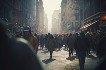 Obraz premium Anonymous crowd of people walking on city street . Generative AI