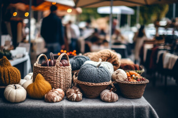 Pumpkins on stall in city market in autumn