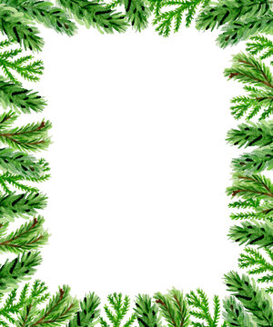 Hand drawn watercolor Christmas background with green fir branch. Green floral frame on a white background.