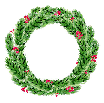 Hand drawn watercolor Christmas wreath. Green fir branches and red berries on a white background.