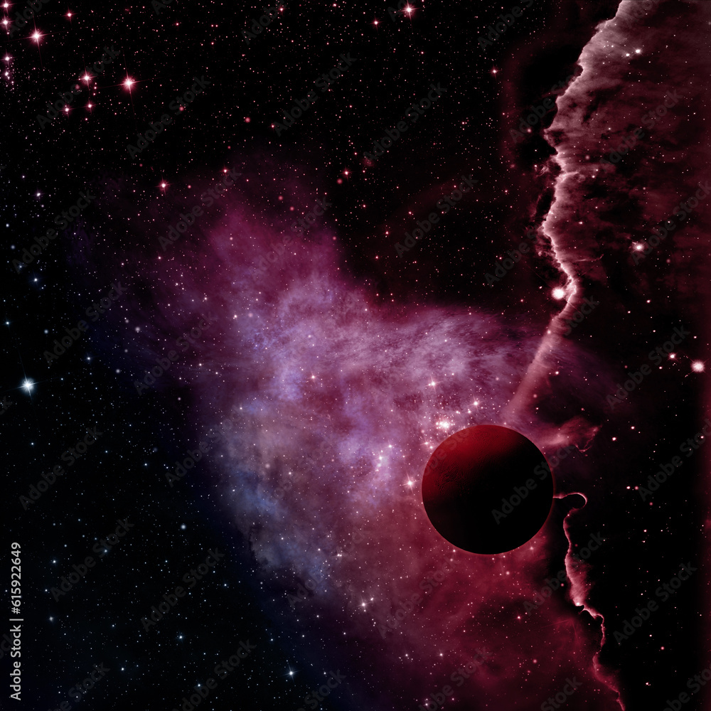 Poster planet in a space against stars and nebula. 