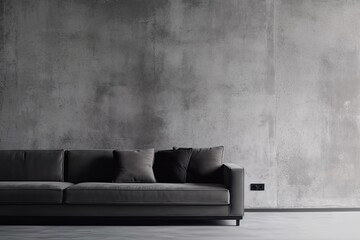 modern black couch against a textured concrete wall