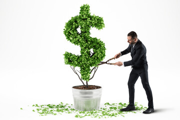 Concept of green economy. Businessman mows a plant shaped like dollar symbol. 3D Rendering.