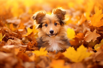 shepherd puppy in yellow leaves of autumn trees in the park - obrazy, fototapety, plakaty