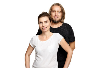 Fototapeta premium Simple portrait of couple, woman and man. Studio shot isolated on white background.