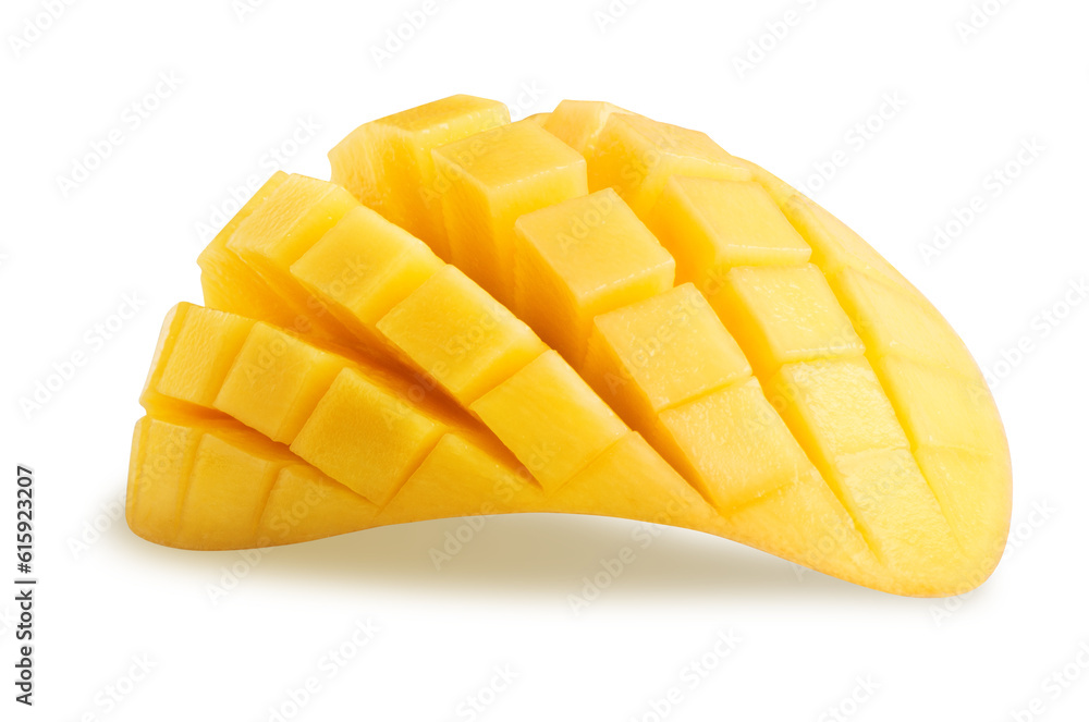 Poster mango isolated. mango slice cut to cubes close-up isolated on white background, clipping path includ