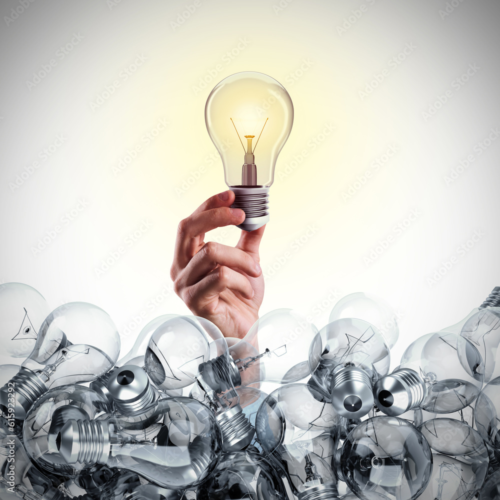 Poster bright bulb lit between unlit bulbs. successful and intelligent idea. 3d rendering