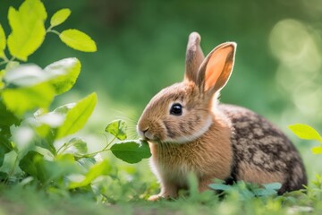 Naklejka na ściany i meble cute rabbit munching on grass in a sunny meadow. Generative AI