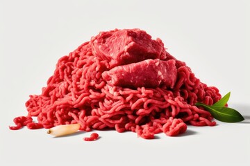 pile of raw ground beef next to a green leaf on a white background