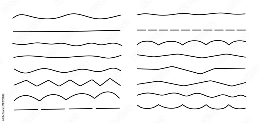 Poster collection of hand drawn different lines. set of line elements in doodle sketch style isolated on wh