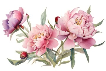 Watercolor blooming lush peonies on white background. Generative AI.