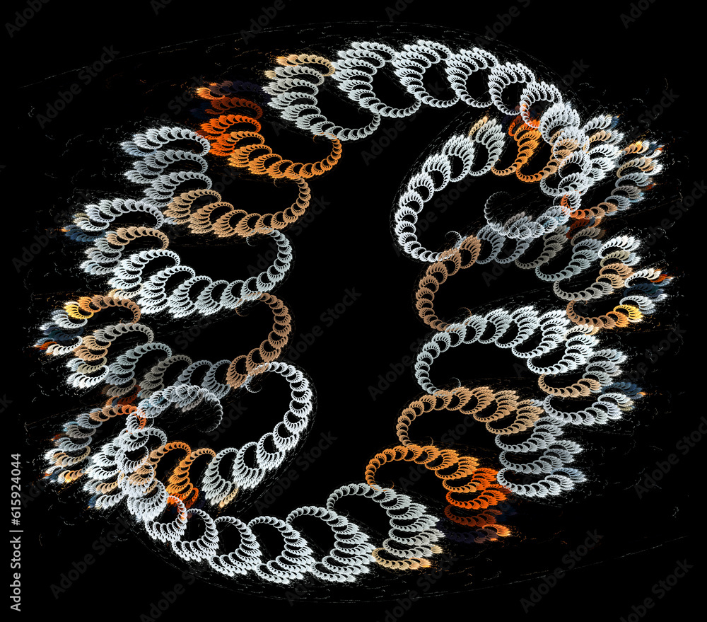Poster spirals of different sizes create a closed rounded pattern on a black background. abstract fractal b