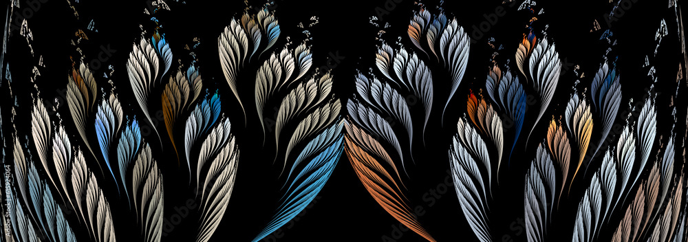 Poster wavy abstract leaves are grouped and meander on a black background. abstract fractal background. 3d 