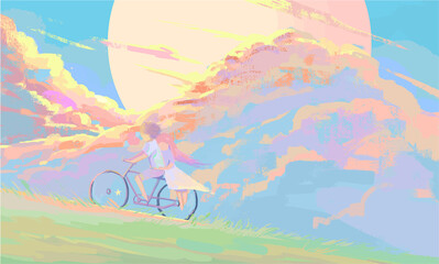 Couple riding on a bicycle on hill tracks digital art illustration 