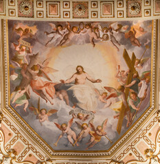 GENOVA, ITALY - MARCH 6, 2023: The ceiling fresco of Jesus as the Judge amng the angels and symbols...