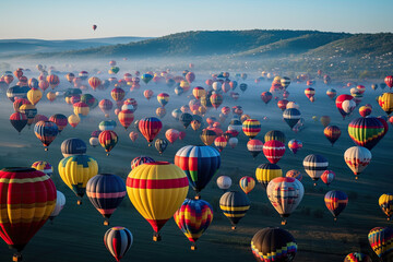 many hot - air balloons flying in the sky with mountains in the photo is taken from an aerial view point