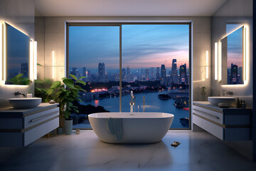 Fototapeta na wymiar modern bathroom with city skyline view