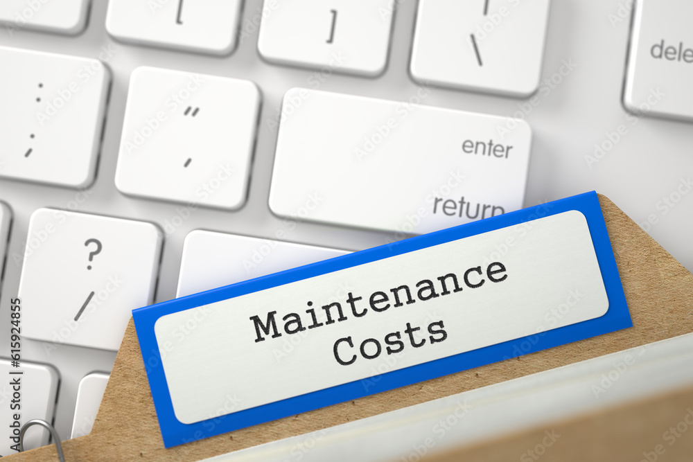 Poster maintenance costs written on orange file card concept on background of white modern computer keypad.