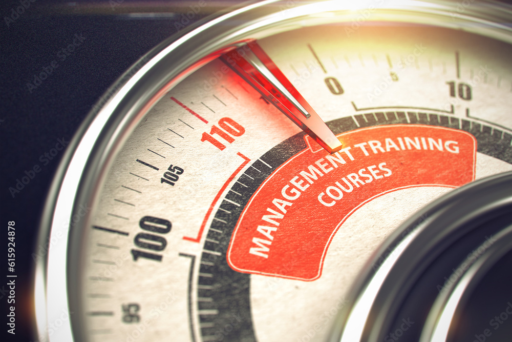 Poster shiny metal manometer with red punchline reach the management training courses. illustration with de