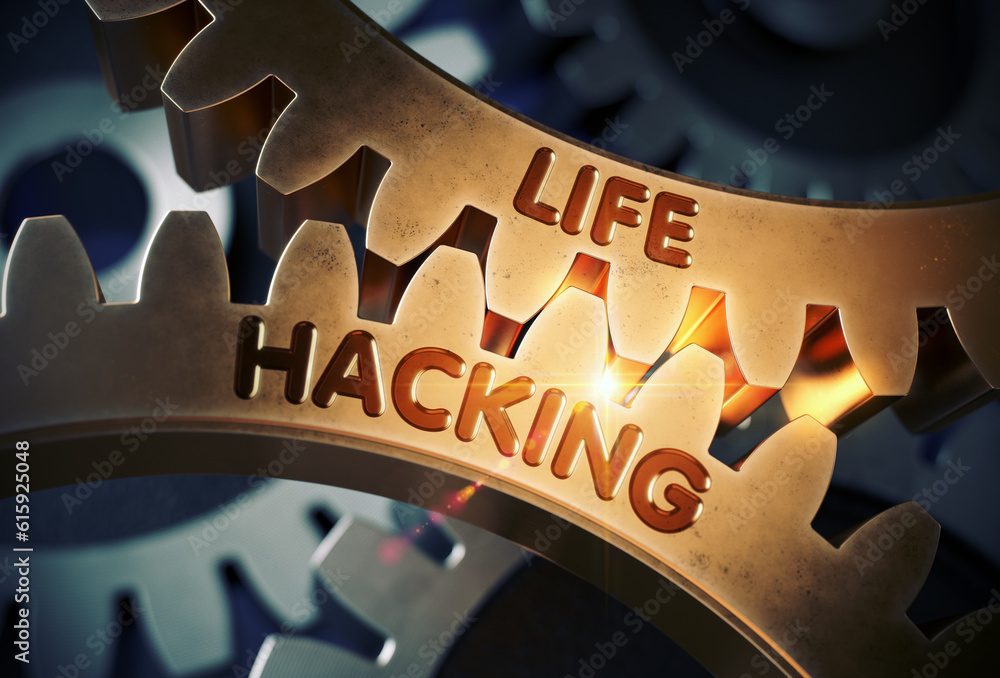 Poster Life Hacking on Golden Metallic Cog Gears. Life Hacking on the Mechanism of Golden Gears with Glow Effect. 3D Rendering.