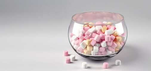 Delicious chewy marshmallows in delicate pastel colors in a glass round bowl isolated on a light gray background. Text space. Generative AI professional photo imitation.